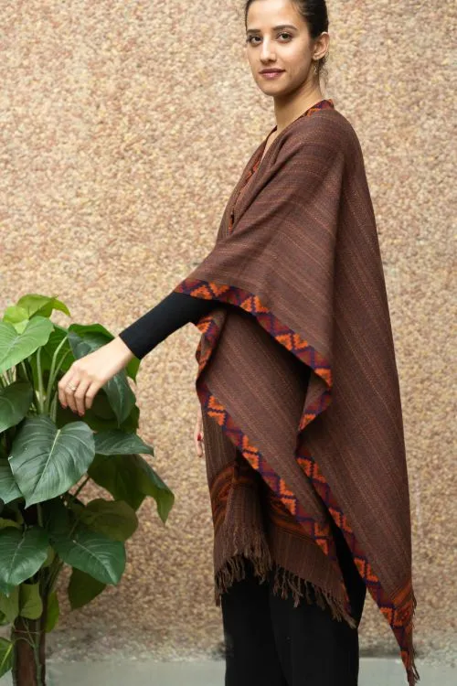 TICH Fine, Soft Himachal Wool Poncho Wrap With Woven Kinnauri Border - Brown Shades