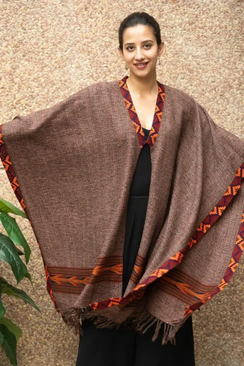 TICH Fine, Soft Himachal Wool Poncho Wrap With Woven Kinnauri Border - Brown Tones