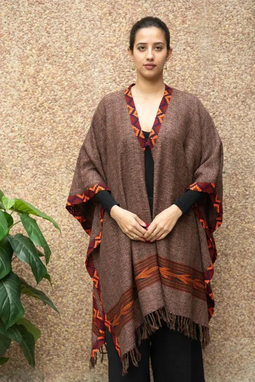 TICH Fine, Soft Himachal Wool Poncho Wrap With Woven Kinnauri Border - Brown Tones