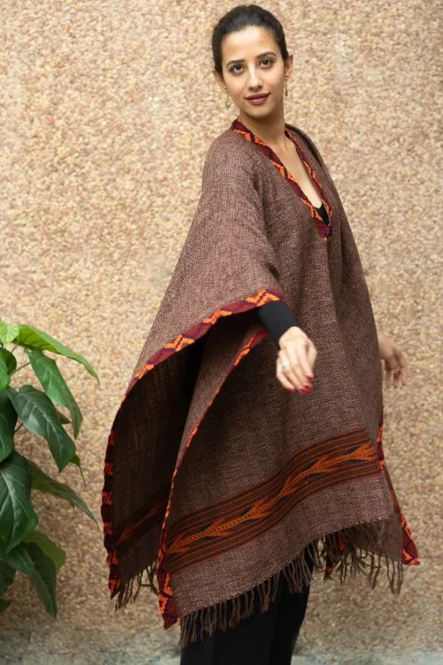 TICH Fine, Soft Himachal Wool Poncho Wrap With Woven Kinnauri Border - Brown Tones