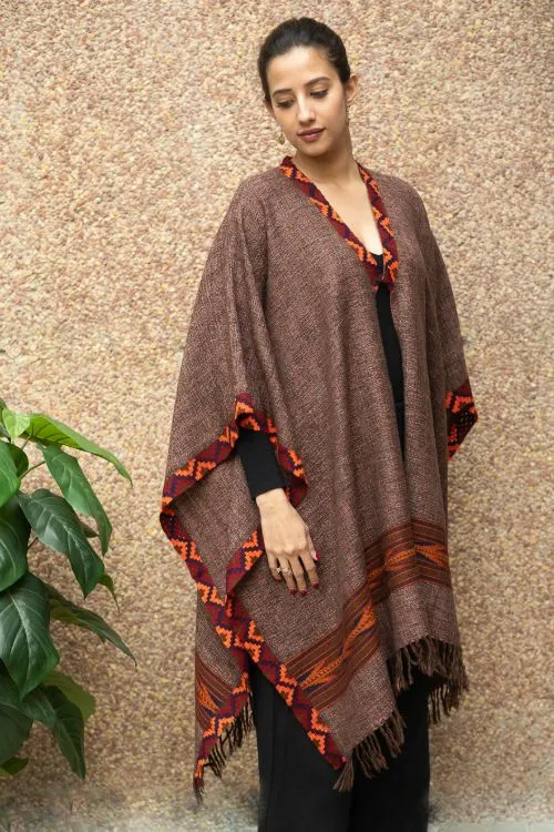 TICH Fine, Soft Himachal Wool Poncho Wrap With Woven Kinnauri Border - Brown Tones