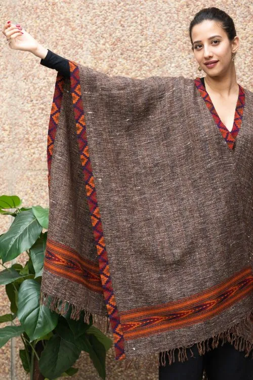 TICH Fine, Soft Himachal Wool Poncho Wrap With Woven Kinnauri Border - Brown