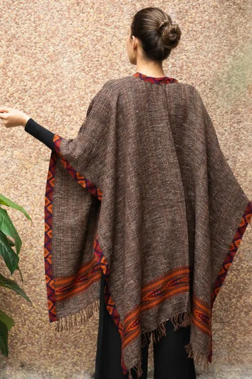 TICH Fine, Soft Himachal Wool Poncho Wrap With Woven Kinnauri Border - Brown