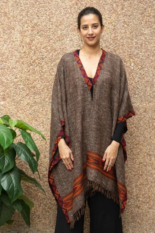 TICH Fine, Soft Himachal Wool Poncho Wrap With Woven Kinnauri Border - Brown