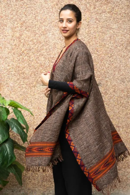 TICH Fine, Soft Himachal Wool Poncho Wrap With Woven Kinnauri Border - Brown