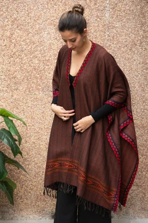 TICH Fine, Soft Himachal Wool Poncho Wrap With Woven Kinnauri Border - Dark Brown