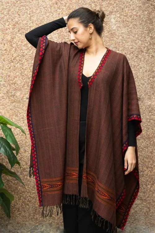 TICH Fine, Soft Himachal Wool Poncho Wrap With Woven Kinnauri Border - Dark Brown