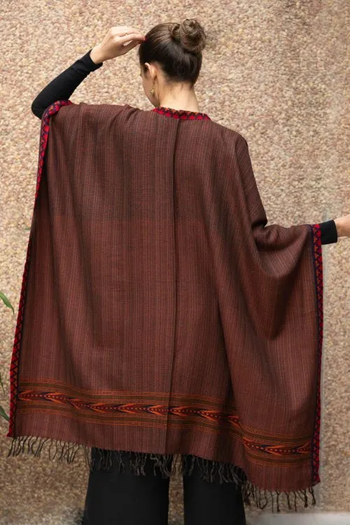 TICH Fine, Soft Himachal Wool Poncho Wrap With Woven Kinnauri Border - Dark Brown