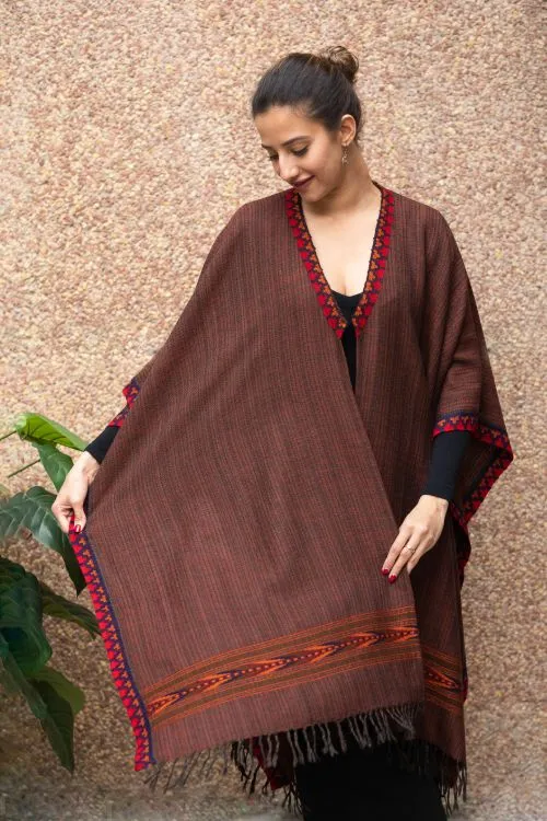 TICH Fine, Soft Himachal Wool Poncho Wrap With Woven Kinnauri Border - Dark Brown