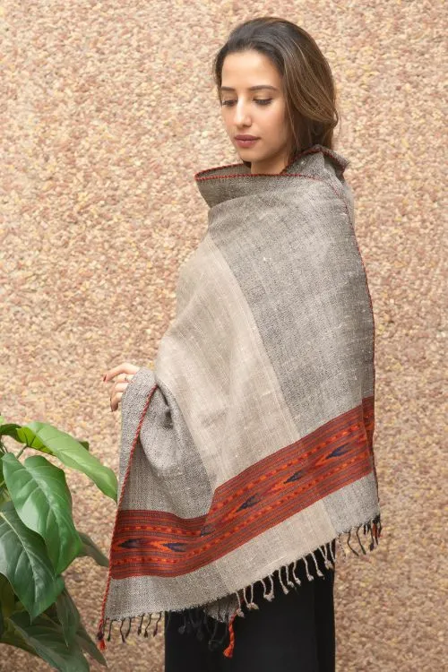 TICH Fine, Soft Himachal Wool Self Striped Stole - Beige & Grey