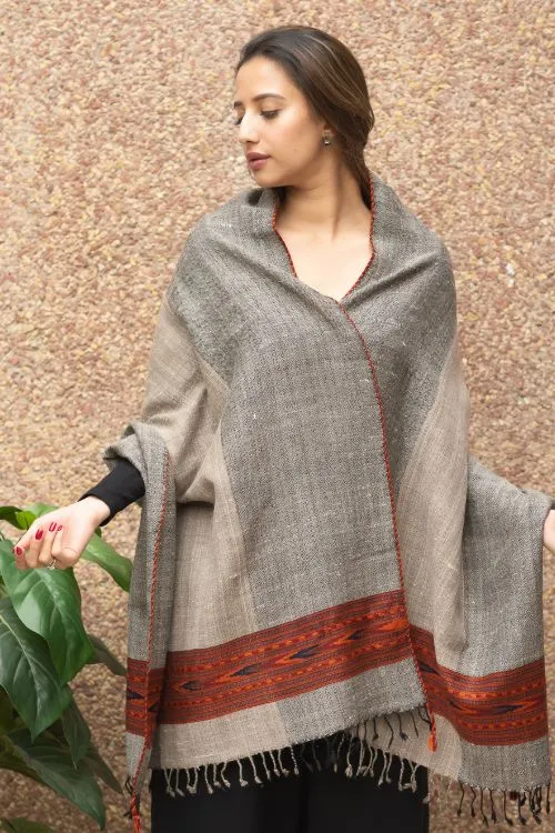 TICH Fine, Soft Himachal Wool Self Striped Stole - Beige & Grey