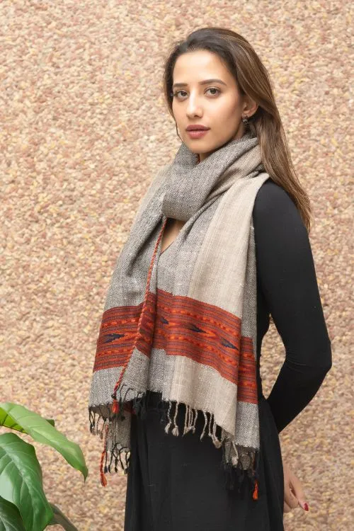 TICH Fine, Soft Himachal Wool Self Striped Stole - Beige & Grey