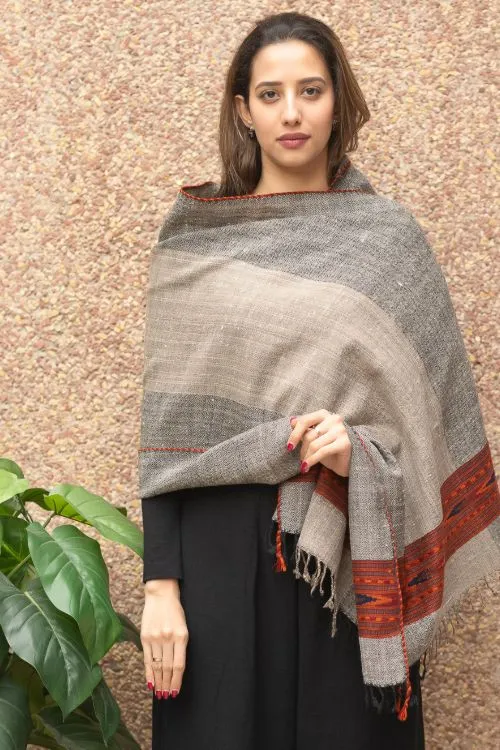 TICH Fine, Soft Himachal Wool Self Striped Stole - Beige & Grey