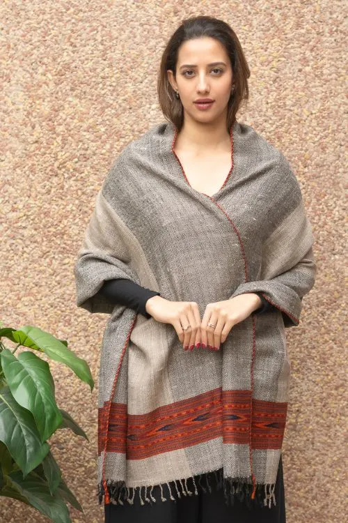 TICH Fine, Soft Himachal Wool Self Striped Stole - Beige & Grey