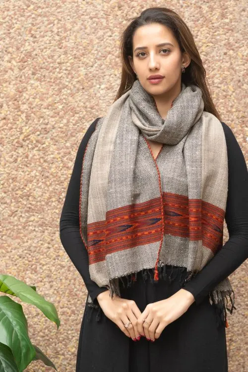 TICH Fine, Soft Himachal Wool Self Striped Stole - Beige & Grey