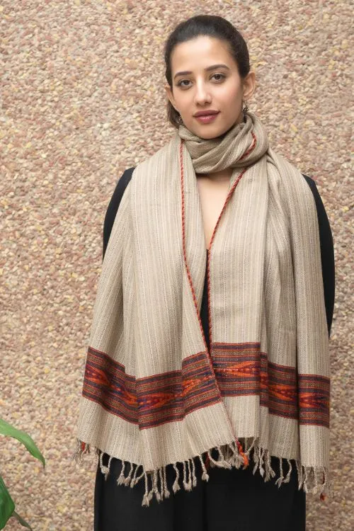 TICH Fine, Soft Himachal Wool Self Striped Stole - Beige