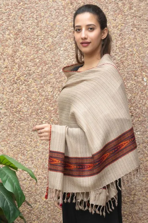 TICH Fine, Soft Himachal Wool Self Striped Stole - Beige