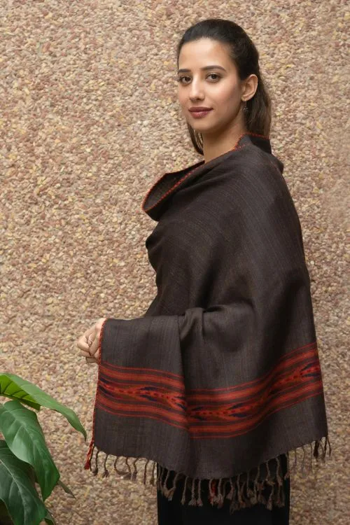 TICH Fine, Soft Himachal Wool Self Striped Stole - Dark Grey