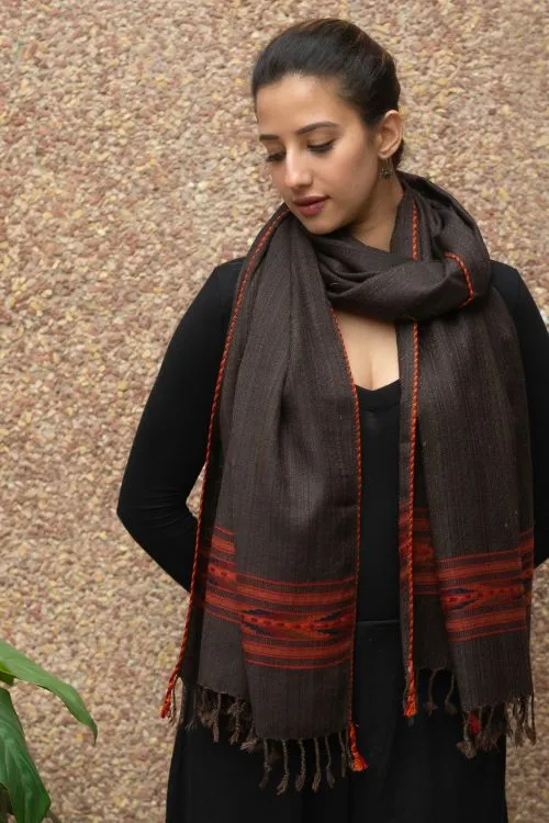 TICH Fine, Soft Himachal Wool Self Striped Stole - Dark Grey