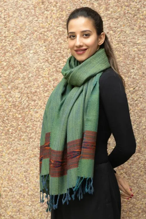 TICH Fine, Soft Himachal Wool Self Striped Stole - Deep Sea Green