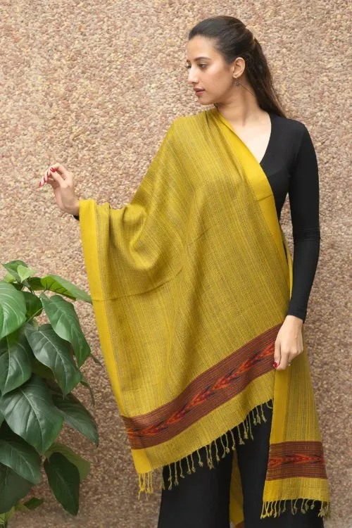 TICH Fine, Soft Himachal Wool Self Striped Stole - Mustard Yellow