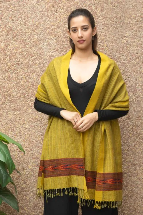 TICH Fine, Soft Himachal Wool Self Striped Stole - Mustard Yellow