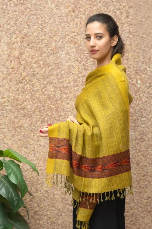 TICH Fine, Soft Himachal Wool Self Striped Stole - Mustard Yellow