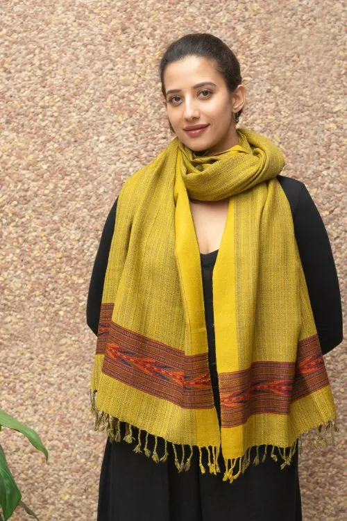 TICH Fine, Soft Himachal Wool Self Striped Stole - Mustard Yellow