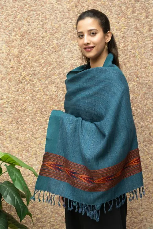 TICH Fine, Soft Himachal Wool Self Striped Stole - Peacock Blue