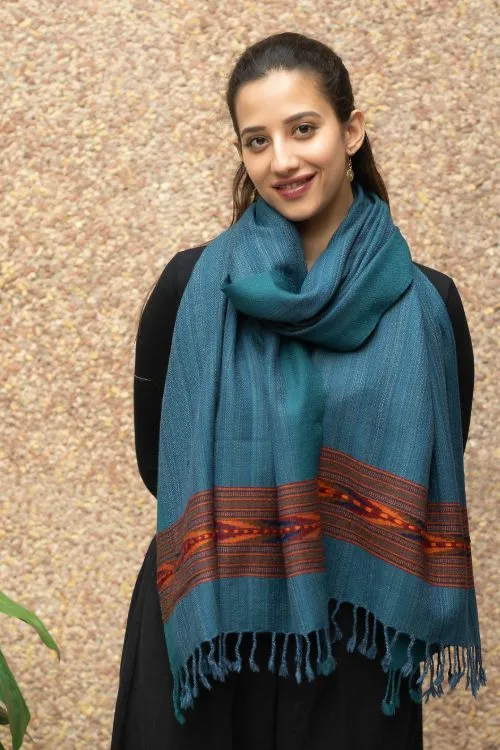 TICH Fine, Soft Himachal Wool Self Striped Stole - Peacock Blue