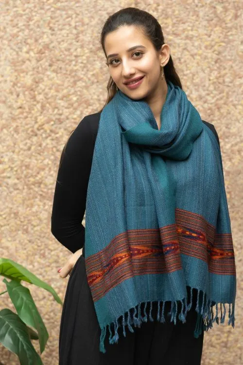 TICH Fine, Soft Himachal Wool Self Striped Stole - Peacock Blue