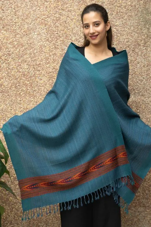 TICH Fine, Soft Himachal Wool Self Striped Stole - Peacock Blue