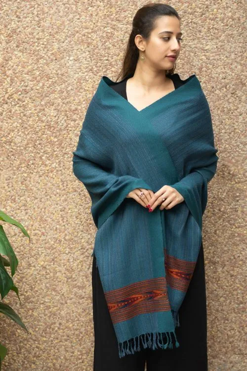 TICH Fine, Soft Himachal Wool Self Striped Stole - Peacock Blue