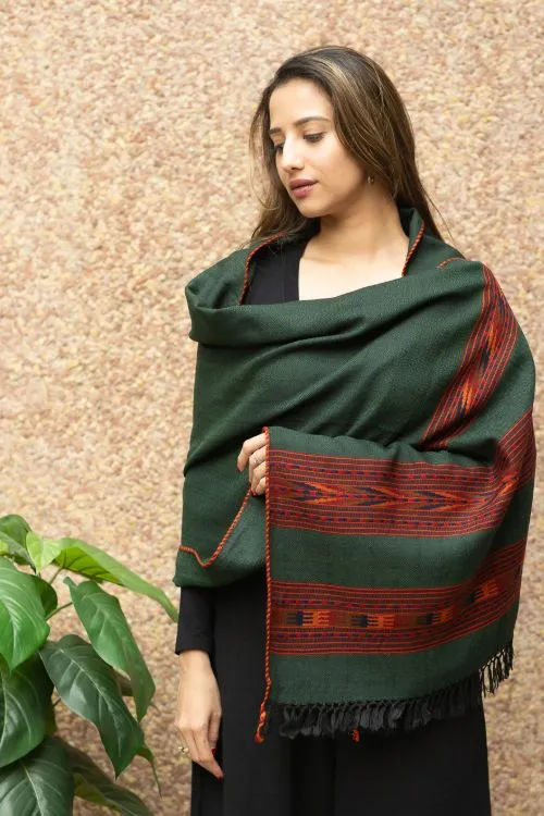 TICH Fine, Soft Himachal Wool Stole - 3 Panels, Bottle Green