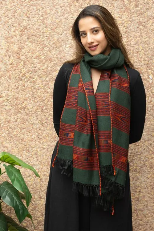 TICH Fine, Soft Himachal Wool Stole - 3 Panels, Bottle Green