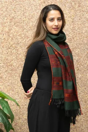 TICH Fine, Soft Himachal Wool Stole - 3 Panels, Bottle Green