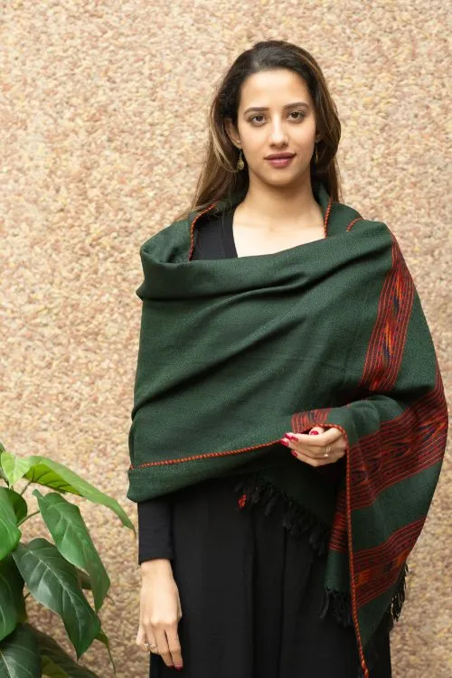 TICH Fine, Soft Himachal Wool Stole - 3 Panels, Bottle Green