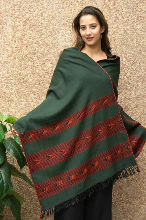 TICH Fine, Soft Himachal Wool Stole - 3 Panels, Bottle Green