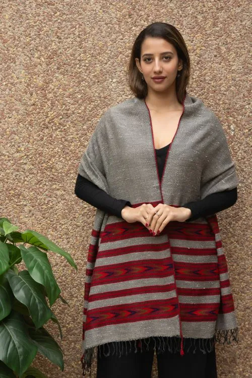 TICH Fine, Soft Himachal Wool Stole - 6 Panels, Grey