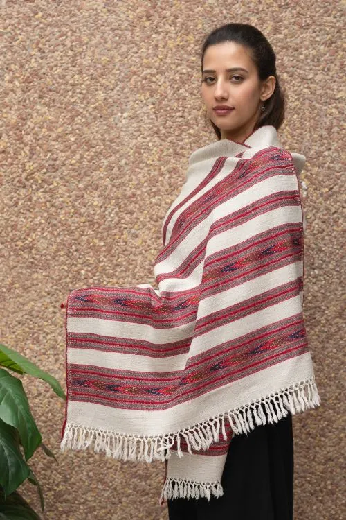 TICH Fine, Soft Himachal Wool Stole - 6 Panels, Off-White