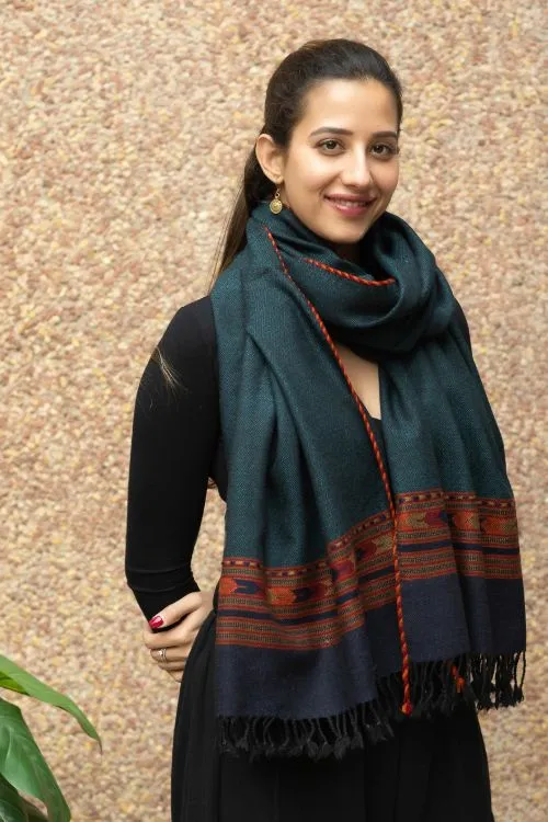 TICH Fine, Soft Himachal Wool Stole -  Dark Peacock Blue Arrows