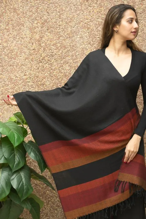 TICH Fine, Soft Himachal Wool Striped Stole - Black & Red