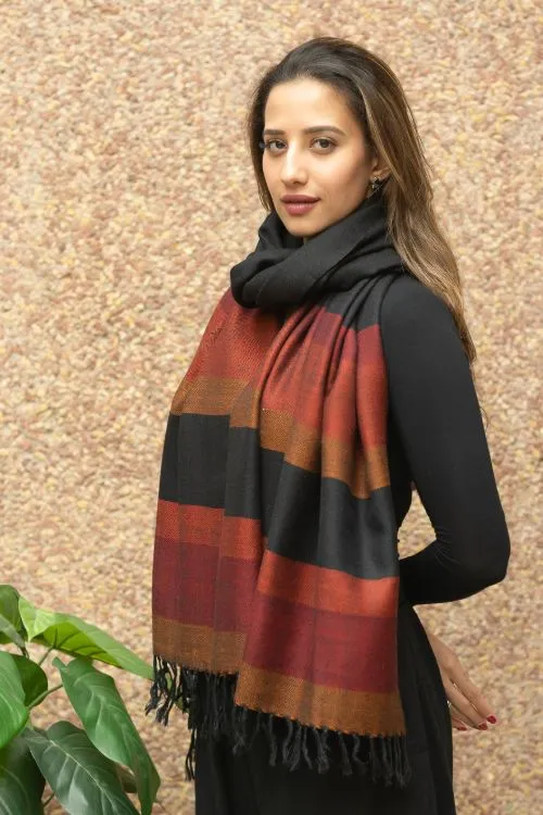 TICH Fine, Soft Himachal Wool Striped Stole - Black & Red