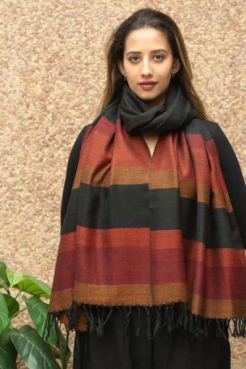 TICH Fine, Soft Himachal Wool Striped Stole - Black & Red