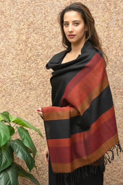 TICH Fine, Soft Himachal Wool Striped Stole - Black & Red