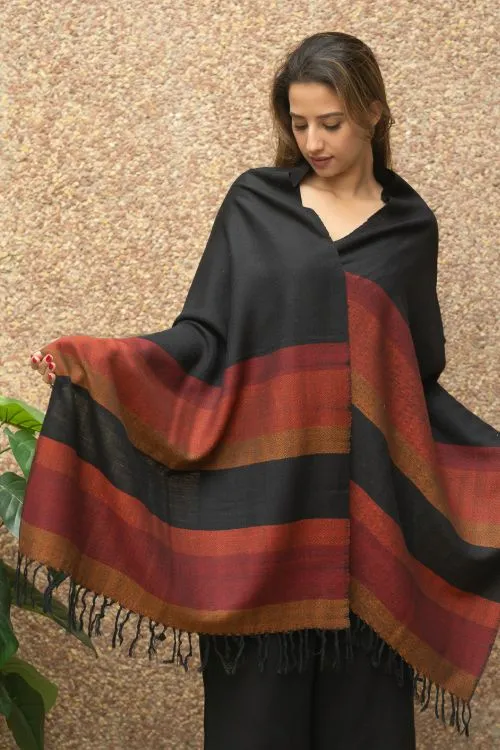 TICH Fine, Soft Himachal Wool Striped Stole - Black & Red