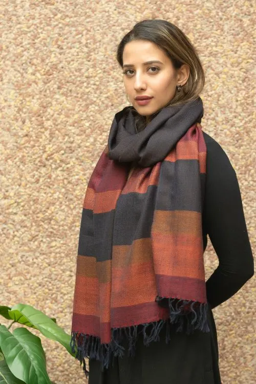 TICH Fine, Soft Himachal Wool Striped Stole - Black, Rust