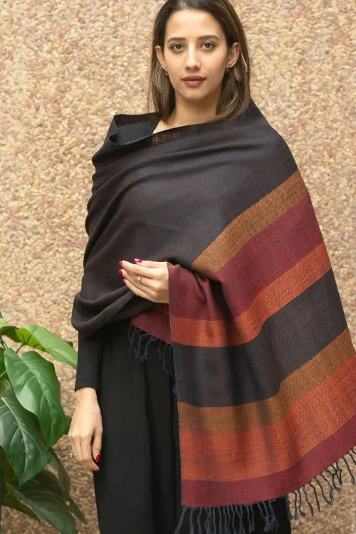 TICH Fine, Soft Himachal Wool Striped Stole - Black, Rust