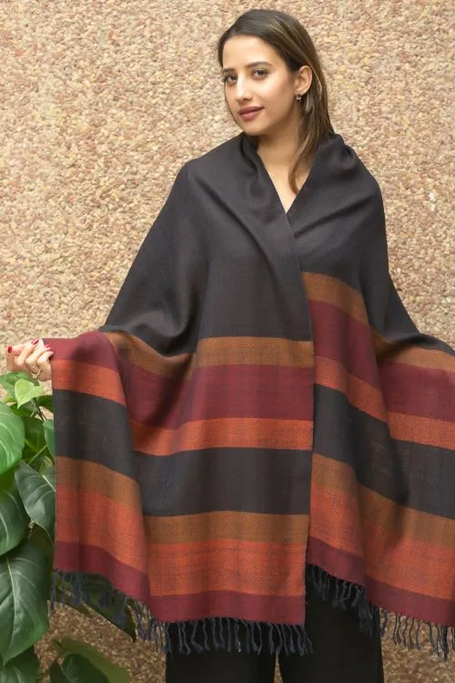 TICH Fine, Soft Himachal Wool Striped Stole - Black, Rust