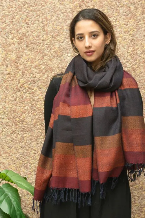 TICH Fine, Soft Himachal Wool Striped Stole - Black, Rust